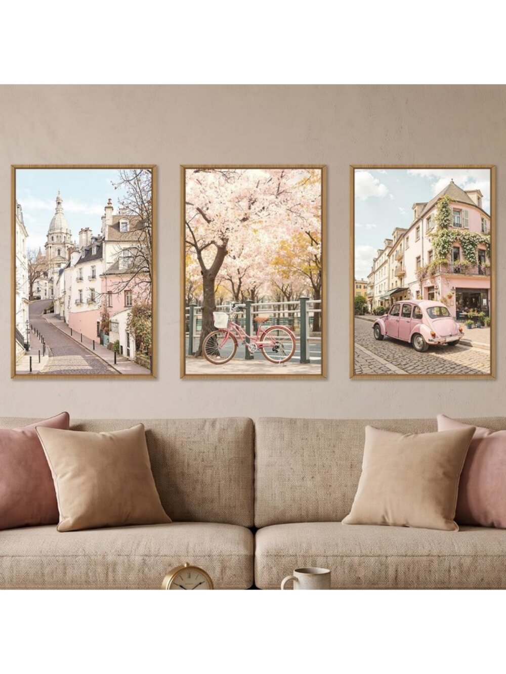 Retro Cityscape Framed Canvas Art Set - Romantic Flower Street Decor, Pastel